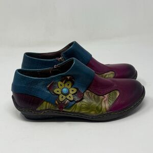 Socofy Vicconfy Shoes Womens 8 - 8.5 Purple Teal Leather  Floral Side Zip Boho